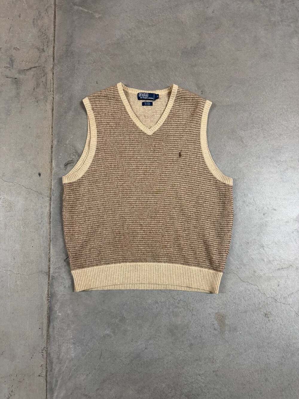 Vintage Polo Ralph Lauren V-Neck Knit Sweater Vest Tan Brown Size L